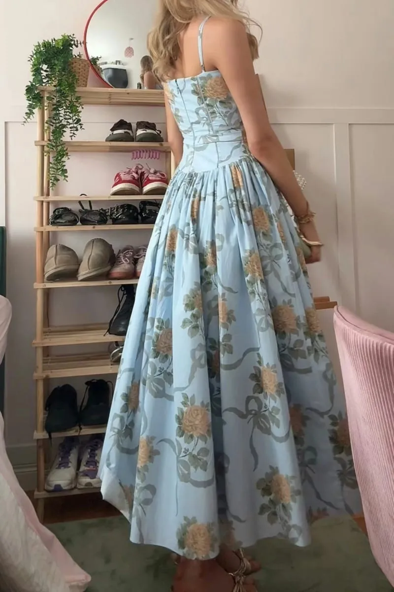 Oligai Floral Print Midi Sundress Elegant Spaghetti Strap Flowy Dress Aussie Summer Women Boho Chic Beach Dress — image 4