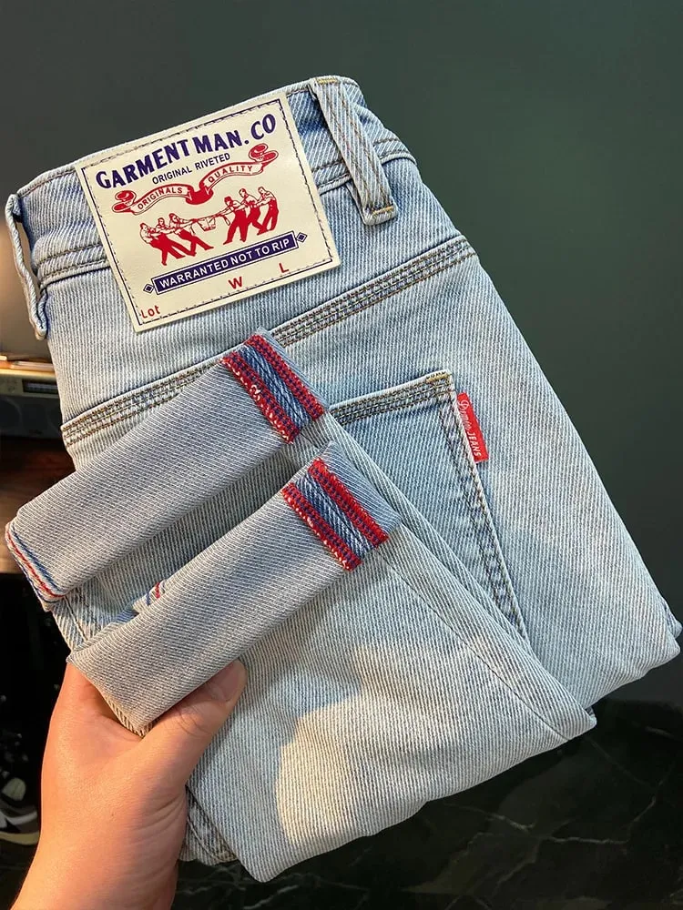 Printed Embroidered Summer Trendy Brand Jeans for Men Light Blue Elastic Slim Fit Small Feet Thin Pants — image 2