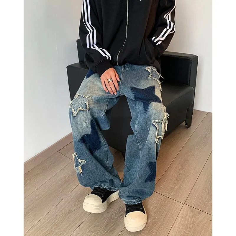 Jeans Men Straight Star Embroidery Patchwork Autumn Jeans Uomo Wide Leg Hip-hop Fashion Youth Neutral Streetwear Denim Trousers — image 6