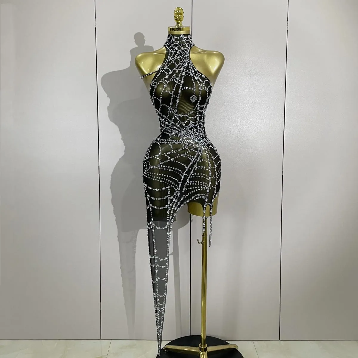 Sparkly Diamond Sexy Mesh Asymmetric Bodycon Mini Dress Women Nightclub Bar Party Show Gogo Dancer Clothing Stage Costume — image 1