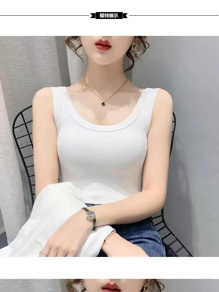2023 Summer Women Basic Ribbed Knitted Tank Top Solid Color Sleeveless T-shirts Casual Camis Green Blue Elastic Female Tops — image 7