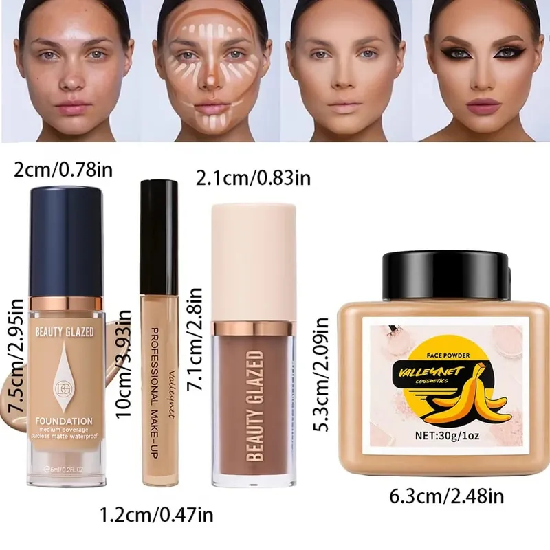 4pcs Face Makeup Set:High-Coverage Concealer Lightweight Foundation 3D Contouring Cream And Oil-Controlling Setting Powder — image 4