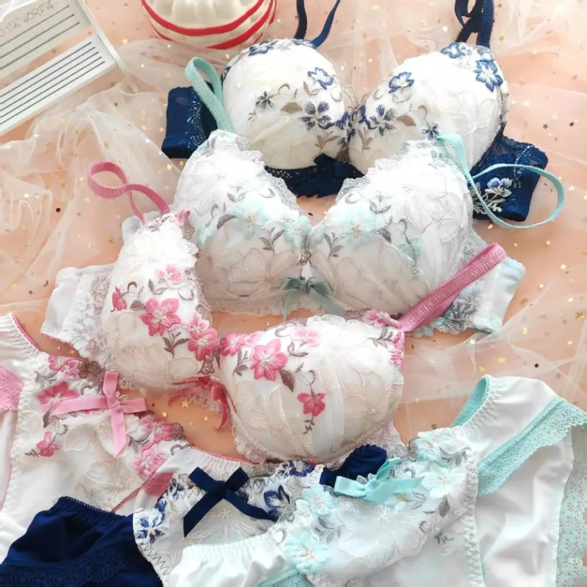 Large steel circle comfortable lingerie with panty suit chicken heart sweet push up thin lace bra set of ladies underwear — image 7