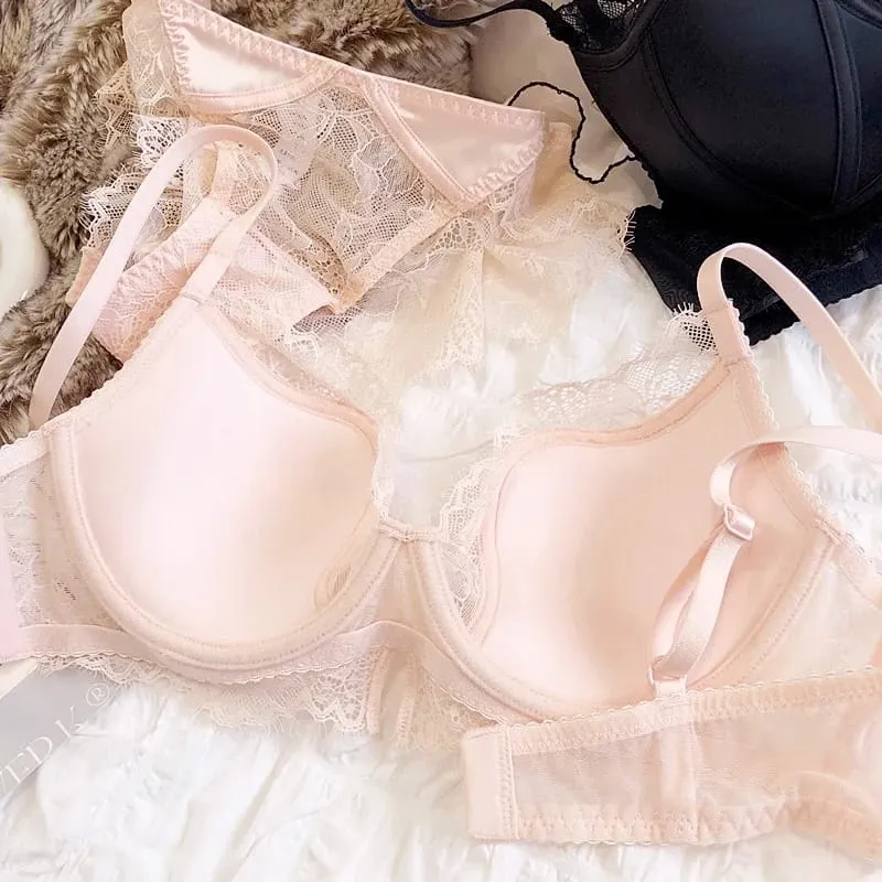 Sweet Little Fresh Deep-V tenké spodní prádlo s krajkou pro ženy, sexy set podprsenky s velkou velikostí BC, spodní prádlo push up se spodničkami