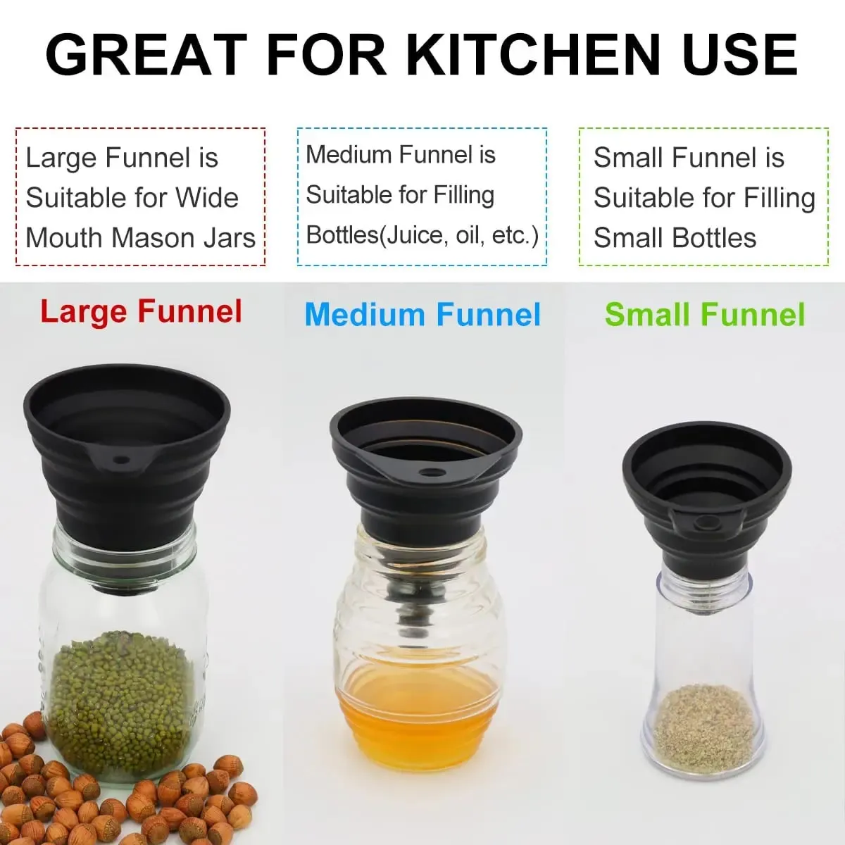 3 Pcs Kitchen Funnel Set Silicone Collapsible Funnel for Kitchen Use Filling Bottles Canning Cooking and Water Powder Transfer