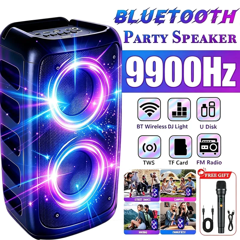 Profesionální velký Bluetooth reproduktor 9900 Hz s mikrofonem Přenosný design s LED osvětlením Subwoofer Party Box Kompatibilní s funkcemi BT/USB/TF/AUX/FM/TWS/MIC/EQ Profesionální karaoke. Ideální dárek k narozeninám Vánoce a Nový rok