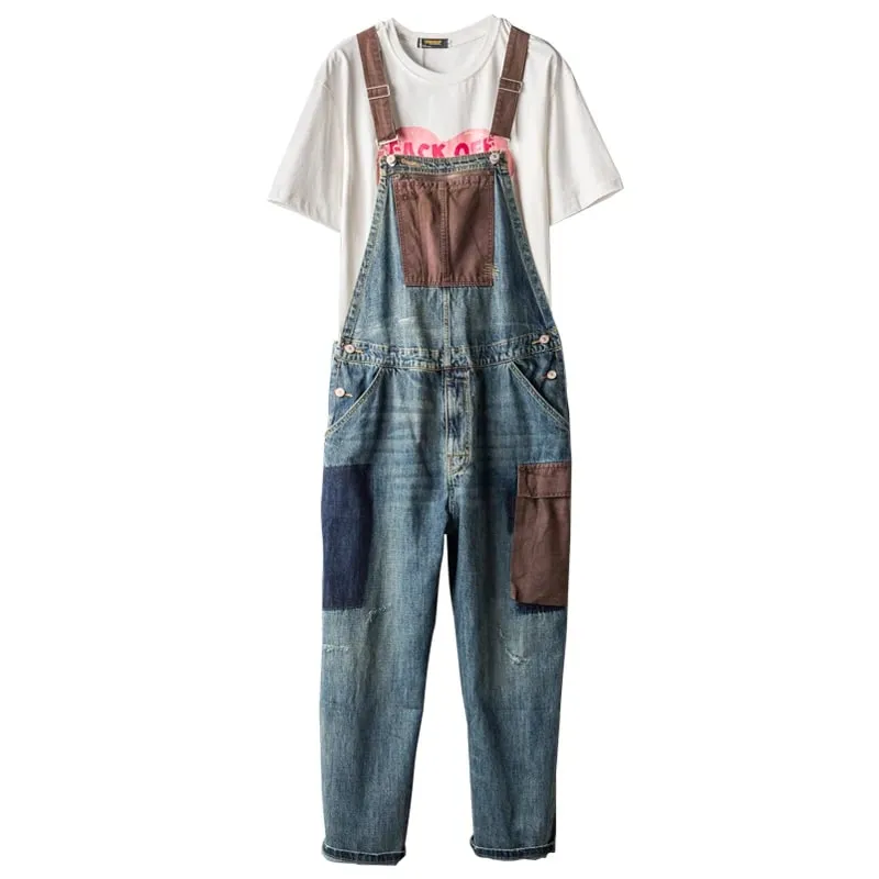 Men Big Multi Pockets Bib Overalls Vintage Blue Distressed Denim Cotton Cargo Jeans Adjustable Suspenders Coveralls Dungarees