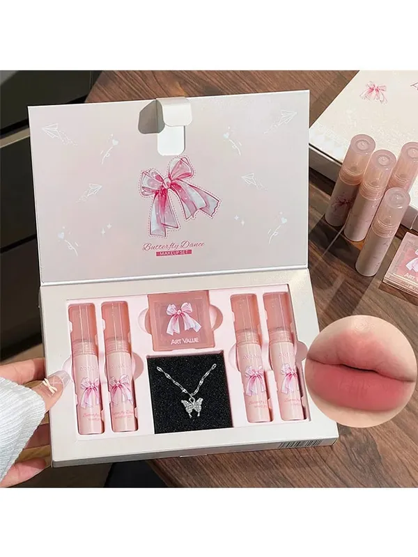 ART VALUE 6Pcs Makeup Set Include 4pc Velvet Nude Matte Liquid Lipstick And 1pc Face Blush Palette With Necklace Gift Cosmetics