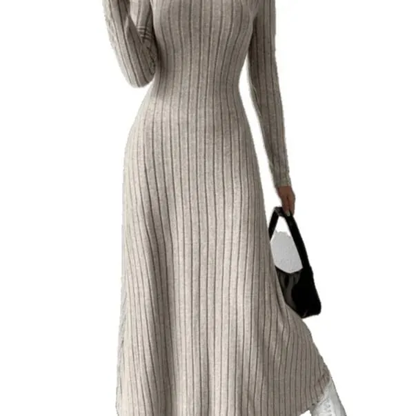 Fashionable Knitted Long Sleeve A-Line Dress Slim Fit Solid Color Street Style Women's Dress Comfortable Casual Elegant Commute — image 5
