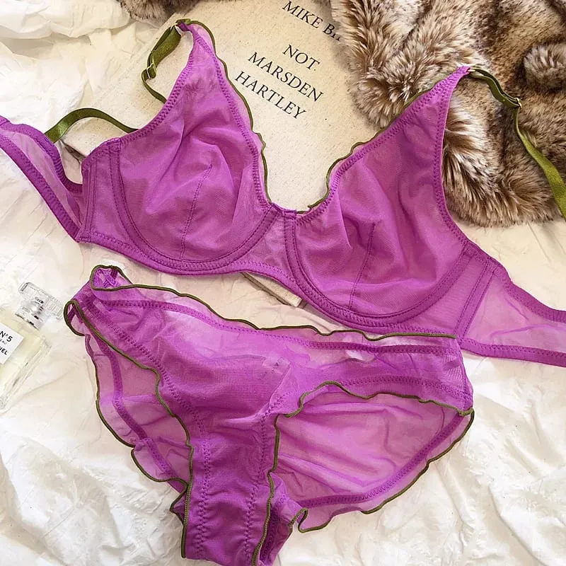 Bra Minimiser Perancis Canggih Set Lingerie Jaring Tanpa Bantalan Dukungan Underwire Cangkir Segitiga untuk Set Celana Dalam MOYISU Payudara Besar — image 11