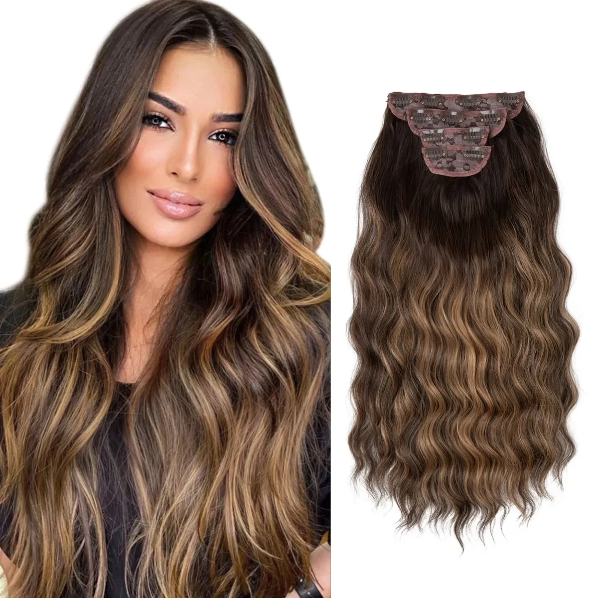 Synthetic 22" Long Wavy Clip In Hair Extensions 4Pcs/Set Thick Hairpiece For Women Brown Blonde Black Natural Fake Hair Pieces — image 18