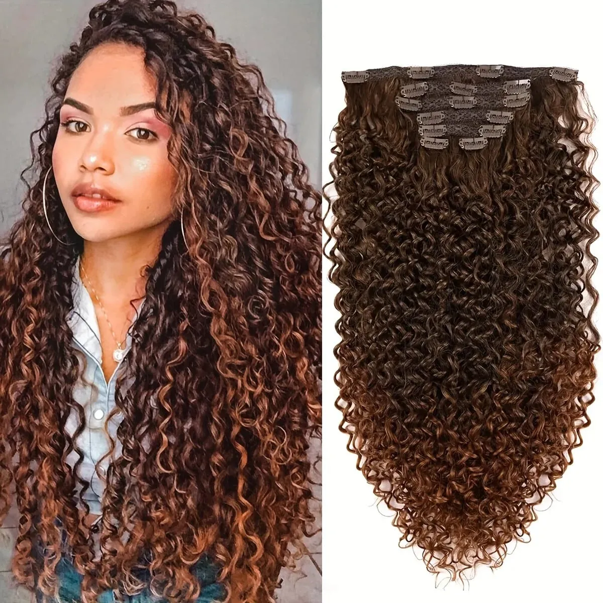 Synthetic Curly Clip in Hair Extensions Kinky Curly Hairpieces Clip on Full Head Fake Pieces Black Brown Hair for Women — image 3