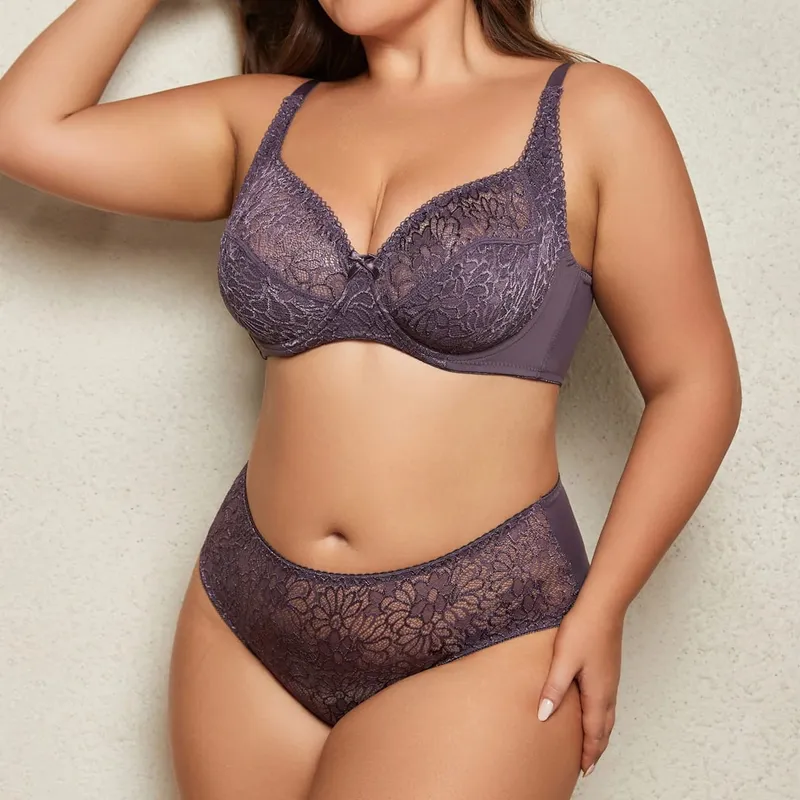 Female Big Size Lace Lingerie Set Bra with Wire Unlined Thin Breathable Bra and Panties Set 85C-110E — image 4