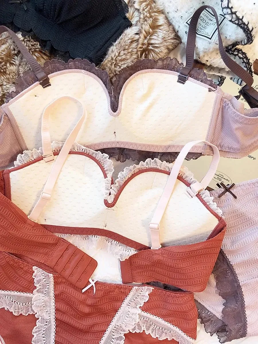 Słodka kontrastowa koronkowa cienka bielizna dla młodych dziewcząt Intimates jednoczęściowy bezszwowy mały biustonosz i komplet majtek bawełniana bielizna — image 4
