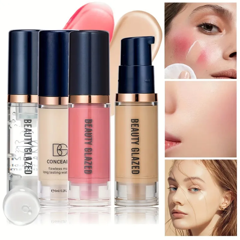 4Pcs Set Primer + Concealer + Liquid Foundation + Liquid Blush Matte Velvet Waterproof Foundation Blush Makeup For Travel — image 2