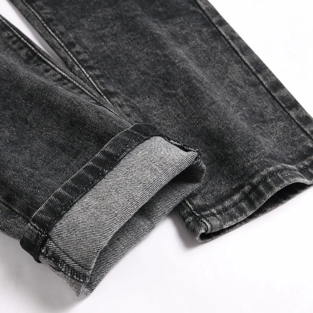 Men Angle Printed Denim Jeans Streetwear Patch Holes Ripped Pants Black Stretch Cotton Slim Straight Trousers — image 5