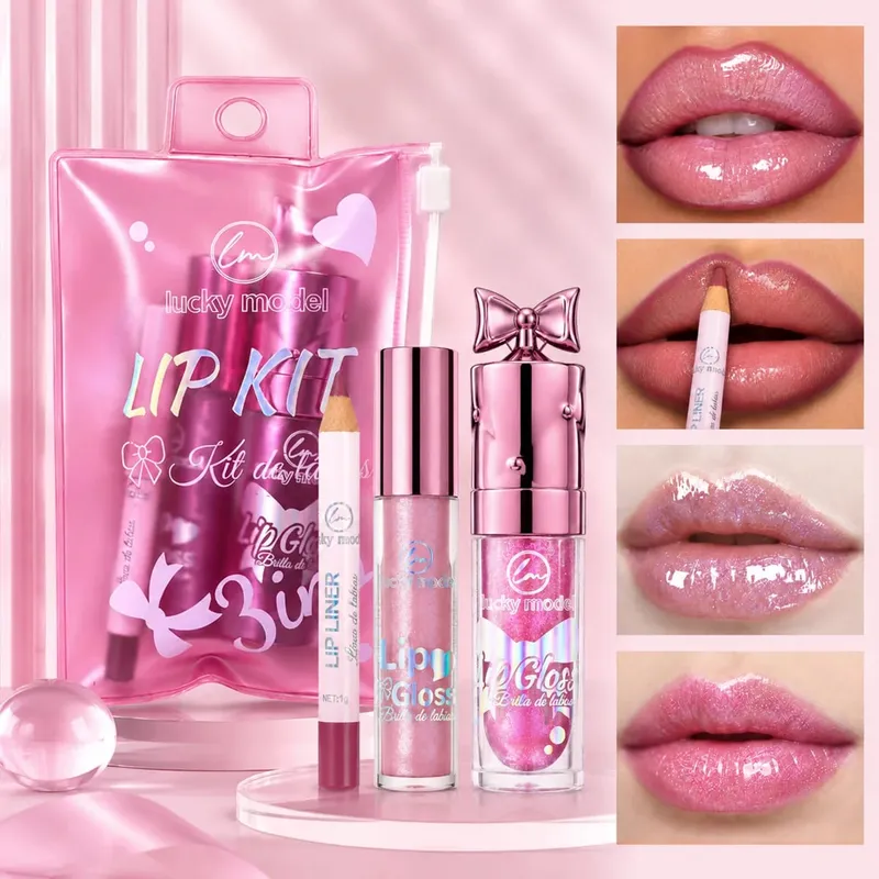 Lucky Model Lip Makeup Kit Lip Liner Pencil&Shimmer Lip Gloss Set Moisturizing Glitter Lip Gloss Long Wear Lip Line Pen — image 2