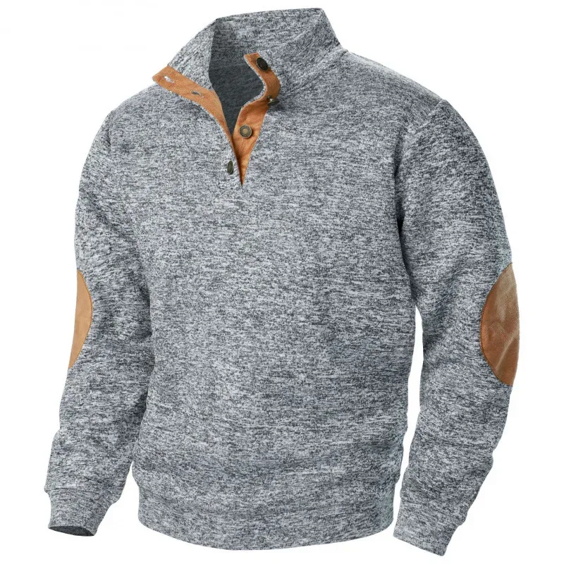 Men's Autumn Sweatshirt Patchwork Contrast Color Hoodies Stand Collar Men Botton Down Vintage Pullovers — image 11