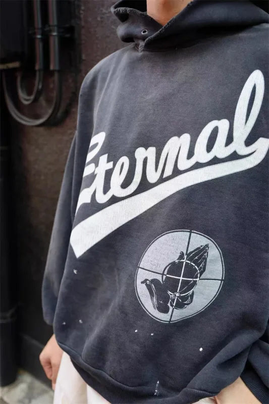 2025 Saint Star Pattern Printed Pure Cotton Washed Vintage Hoodie High Street Casual Loose Fashion Fleece Oversize Trendy Tops