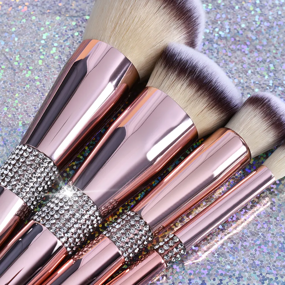 New 14 Pcs Luxury Rose Gold Bling Rhinestone Makeup Brushes Set Glitter Diamond Vegan Makeup Brush Set With Rhinestone — image 4