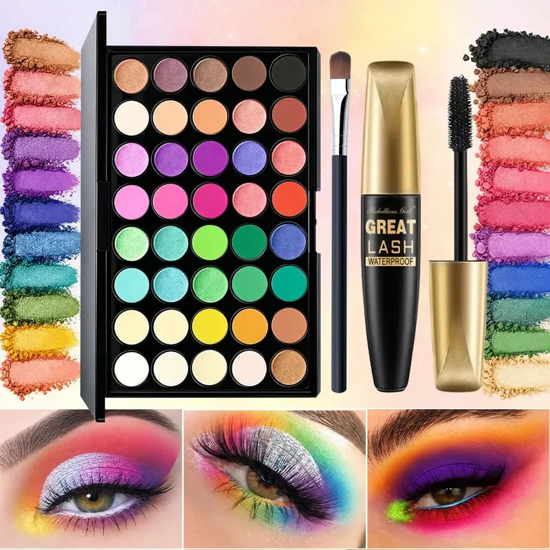 3pcs Makeup Sets for 40 Colors Rainbow Eyeshadow Palette+Black Mascara with 1pc Brush 3 In 1 Makeup Kit For Daily Party Daily — image 8