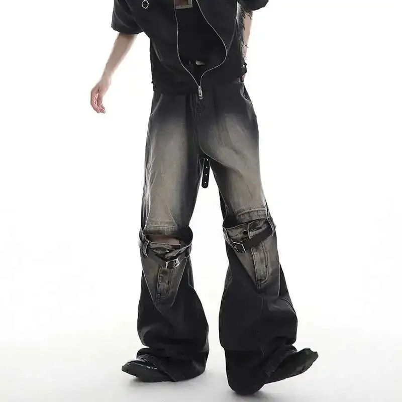 Vintage Men Spliced Micro Flared Jeans American Style High Street Wide Leg Straight Denim Pants Summer New Clothing 9A8932 — image 5