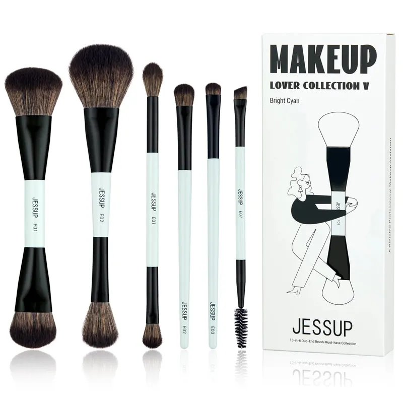 Jessup Makeup Brush Set Double Sided Makeup Brushes Foundation Contour Blush Blending Eyebrow Shadow Fiber Bright Cyan T501