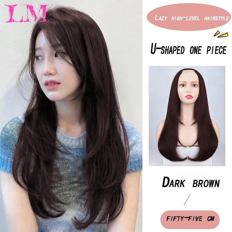LM Synthetic Hair Extensions Long Straight U-Shaped Half Wig for Women Female Natural Black Blonde Hairpiece — image 14