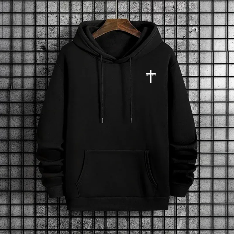 Hoodie urbano masculino 2025 de alta qualidade cor sólida manga longa moletom casual desportivo com capuz outerwear jesus cruz impressão pulôver — image 7