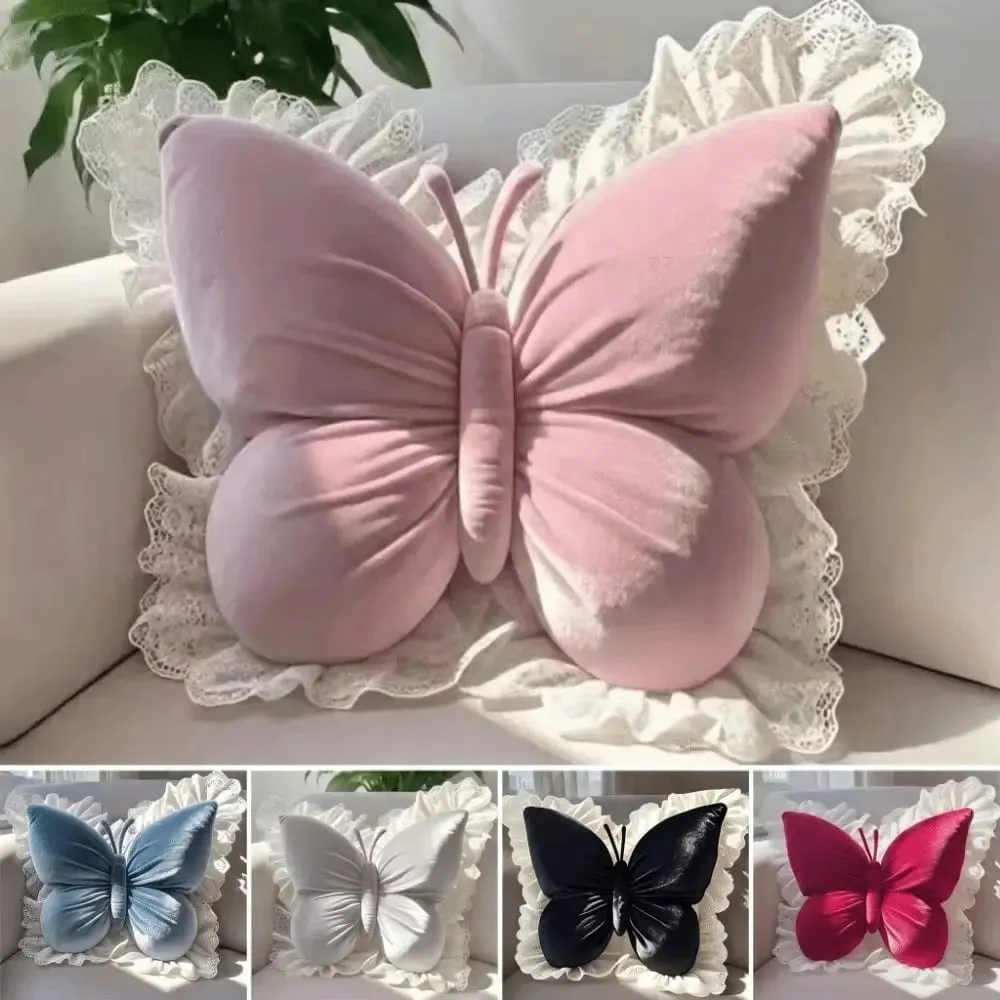 Home Decor Velvet Butterfly Pillow Lace Trim Bow Cushion Soft New Bow Throw Pillow Bedroom — image 6