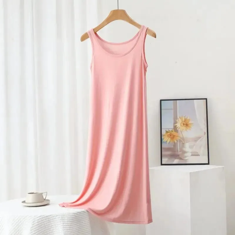 Plus Size Modal Long Dress Women's Spring Summer Loose A- Line Bottoming Skirt Home Sleepwear Sleeveless Pure Color Gown — image 10