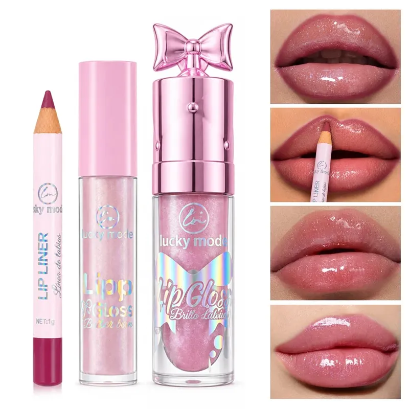 Lucky Model Lip Makeup Kit Lip Liner Pencil&Shimmer Lip Gloss Set Moisturizing Glitter Lip Gloss Long Wear Lip Line Pen