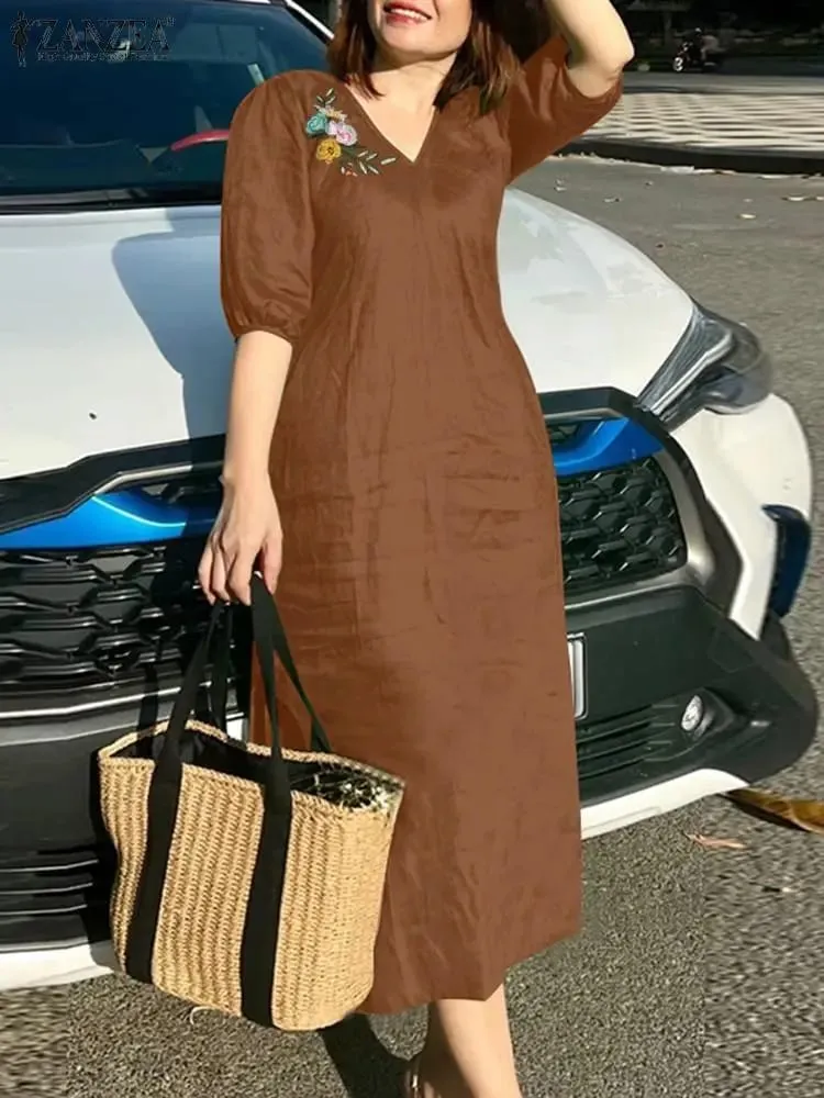 Women V Neck A-line Vestidos Solid Holiday Casual 2024 Summer Dresses Commute Half Sleeve Floral Embroidery Midi Dress — image 2