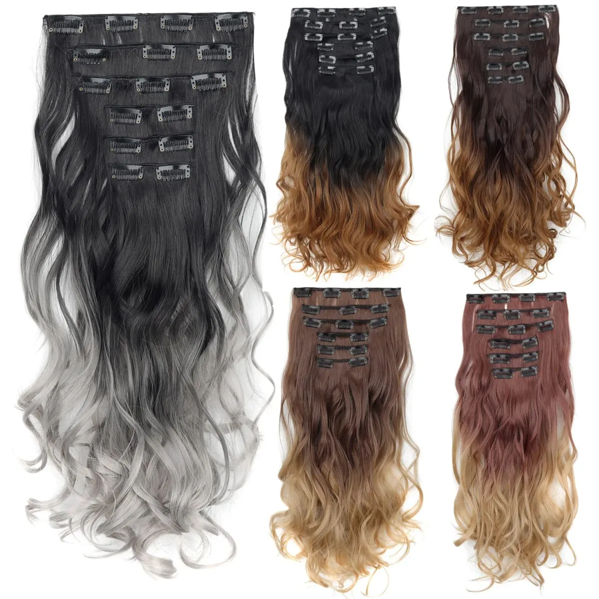 6PCS Set Hair Extensions Clip In Long Wavy Full Head Synthetic Brown Ombre Gradient Color Natural Look Soft For Women — image 1
