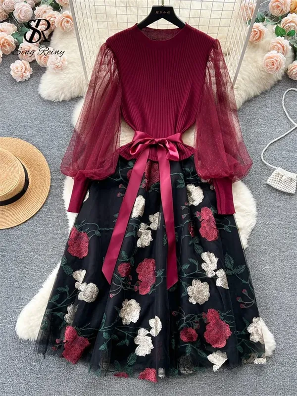 Senior Knitted Patchwork Dress Long Lantern Sleeves Bow Mesh Embroidery Floral Women Autumn France Elegant Party Dress