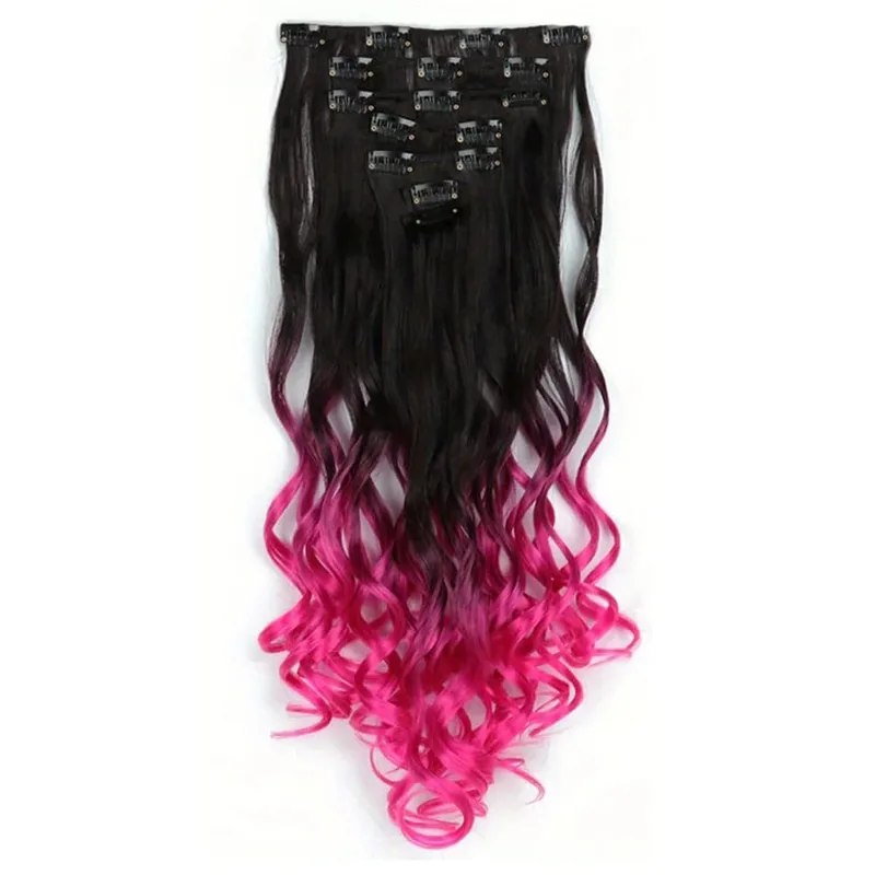 Clip in Hair Extensions Ombre Color Synthetic 7pcs Set Wavy Curly Hairpieces Black to Purple For Women Girls — image 13