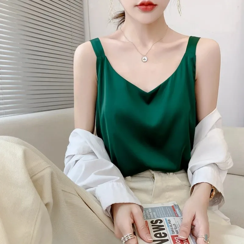 Silk Camisole Ladies Summer Suit Inside V-Neck Satin Bottoming Vest 2025 Thin Loose Sleeveless Sling Silk Tops Small Shirt Trend — image 12