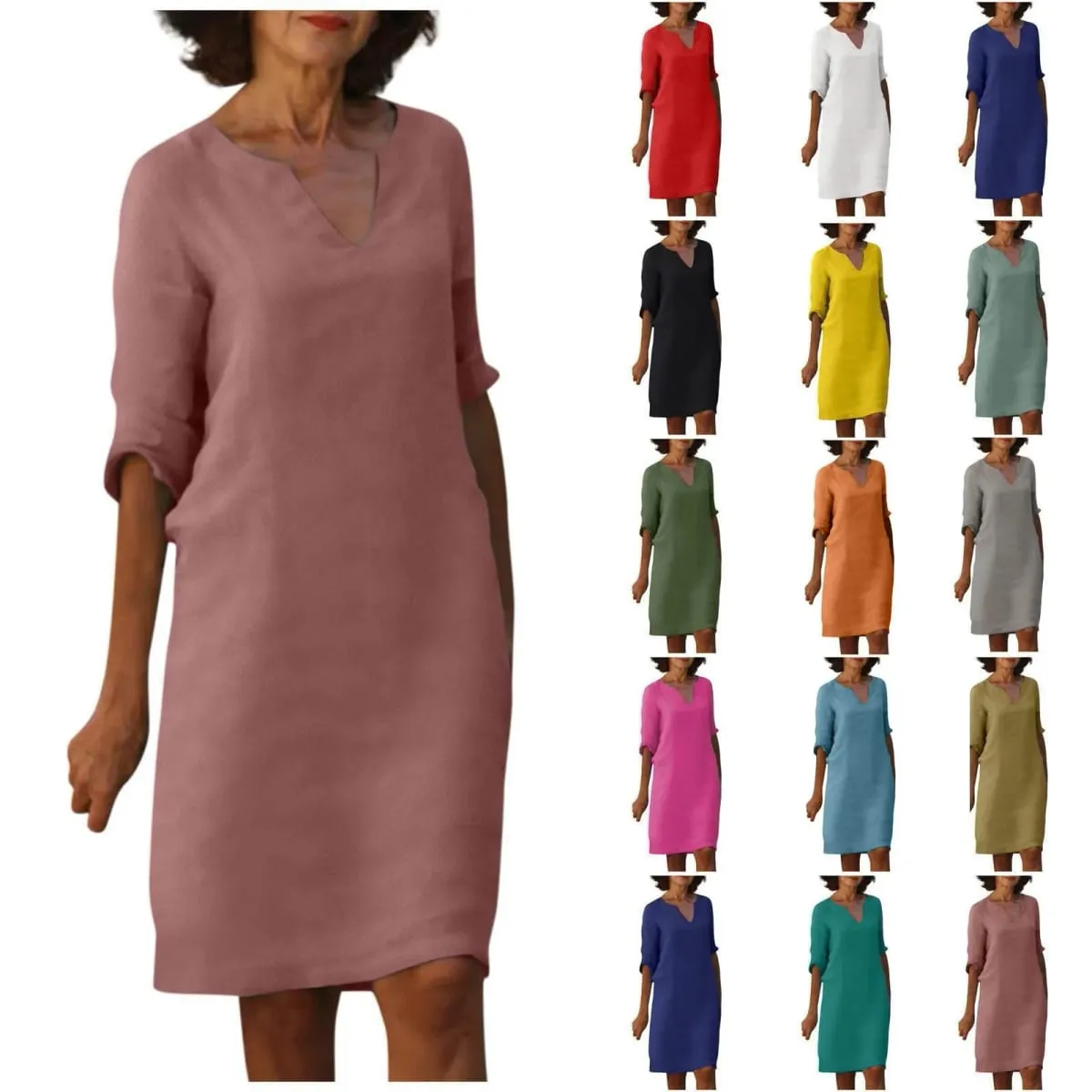 Cotton Linen Women's White Mini Dresses Half Sleeve Holiday Vacation Women's Dress V Neck Solid Color Women's Summer Party Dress
