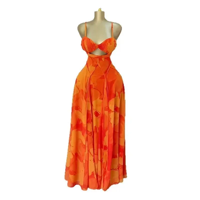 CM.YAYA Women Floral Printed Strap Backless Bra Front Big Swing Maxi Long Dress 2025 Vintage Sexy Club Party Evening Dresses — image 5