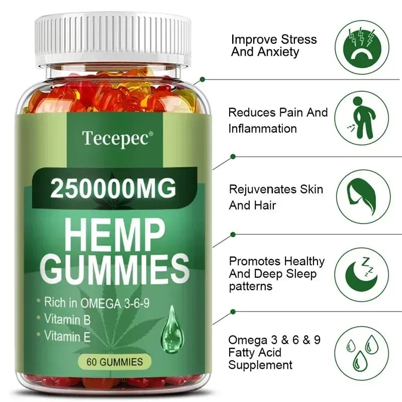Contains Omega 3-6-9 Vitamin B E Gummies - Stress Relief Sleep Mood Skin Nails Focus Joint Support Non-GMO Supplement — image 2