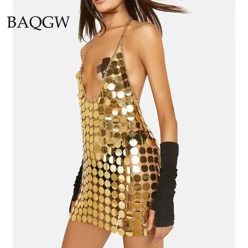 Women Fashion Sleeveless Sexy Backless Glitter Black Gold Chainmail Sequin Patchwork Mini Dresses Diana Silver Disc Dress — image 3