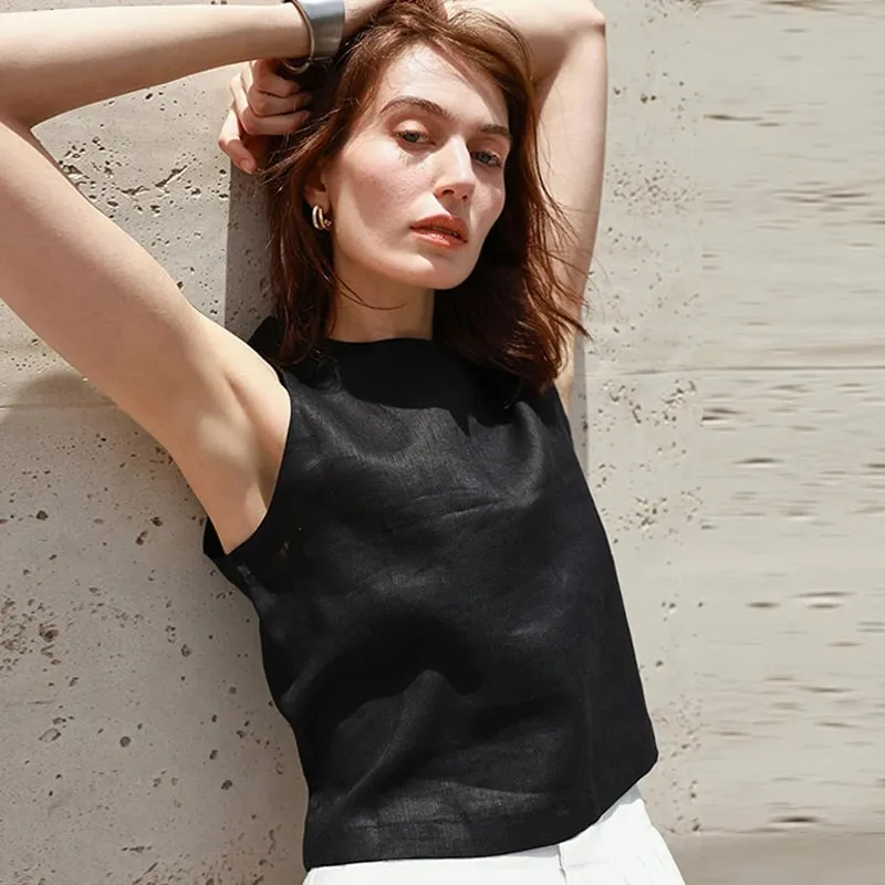 Chic Front And Back Two Wear Women Linen Tank Top 2026 Summer New Casual Short Loose 100% Linen Sleeveless Crop Tops — image 5