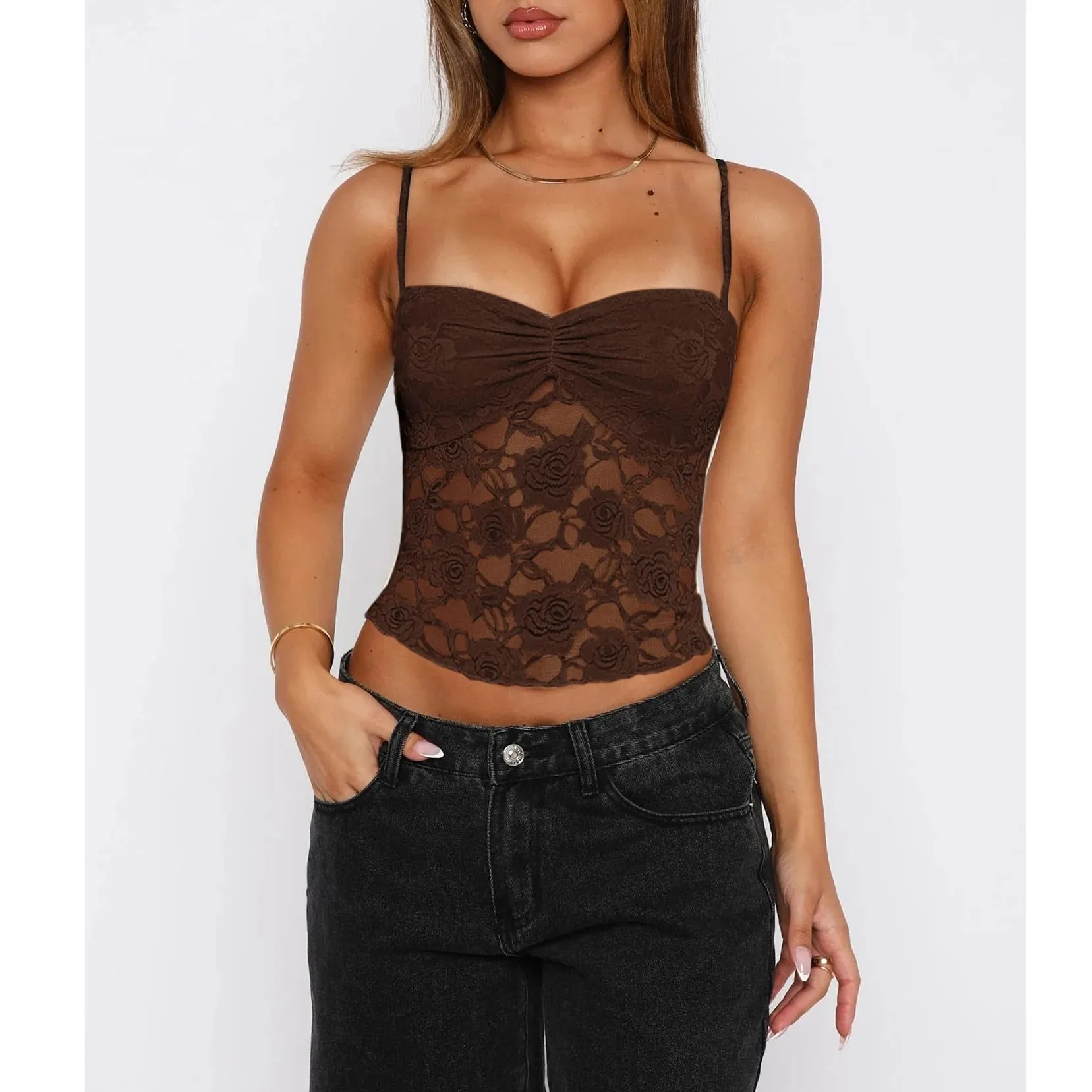 Baju Atasan Cami Renda Musim Panas Wanita Tanpa Lengan Ruched Depan Warna Pejal Kamisol Slim Fit Tank Top — image 4