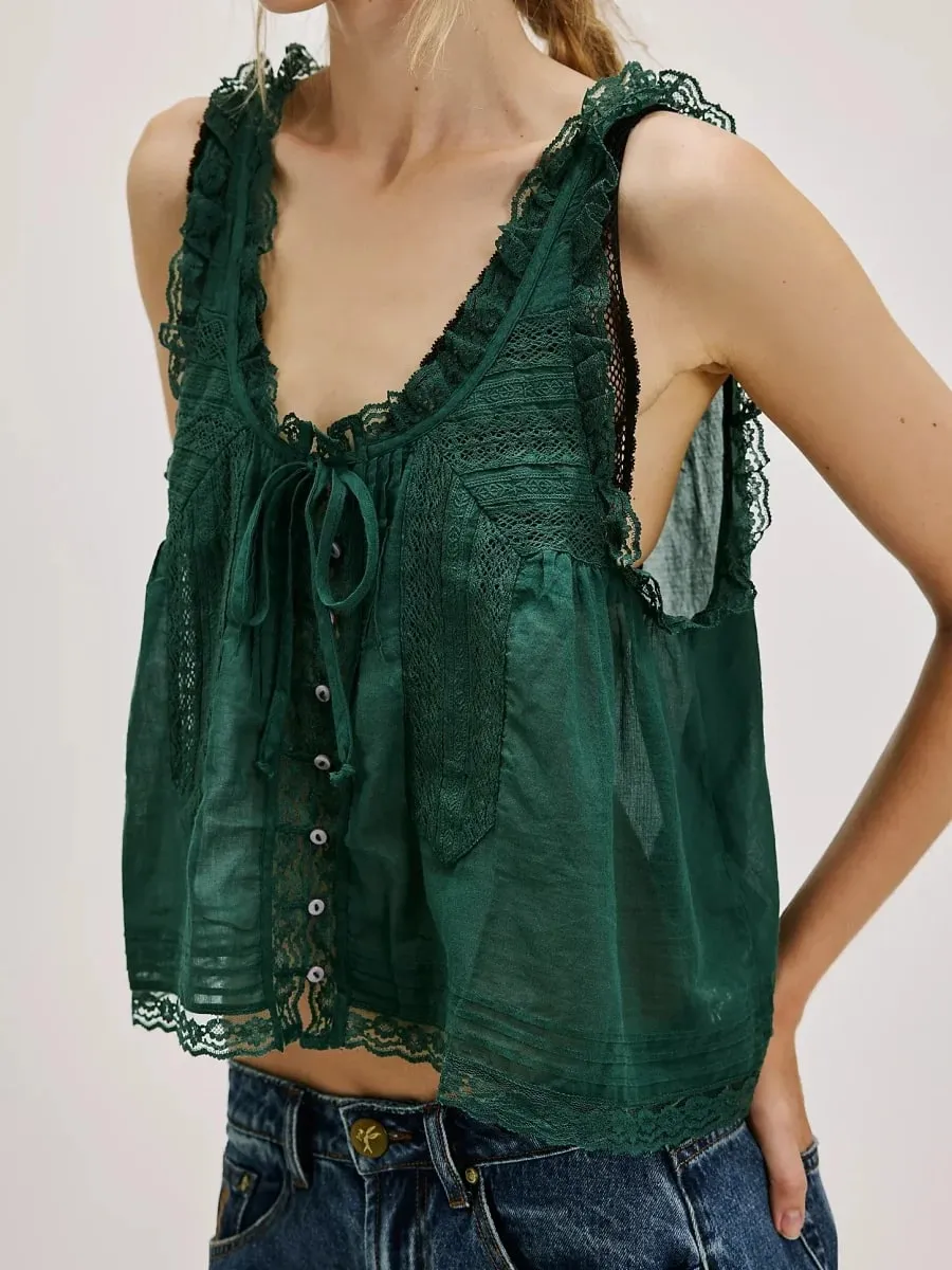 Y2K Button-up Lace Trim Patchwork Cami Tops Loose Fit Round Neck Vest Sleeveless Outwear Gilet Crop Tank Tops for Women — image 9
