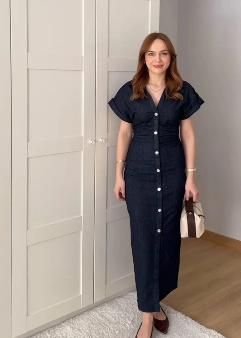 ETJ 2025 Spring New 1975 series denim MIDI dress with lapel side zipper fashion wrinkle waist slim elegant dress — image 2