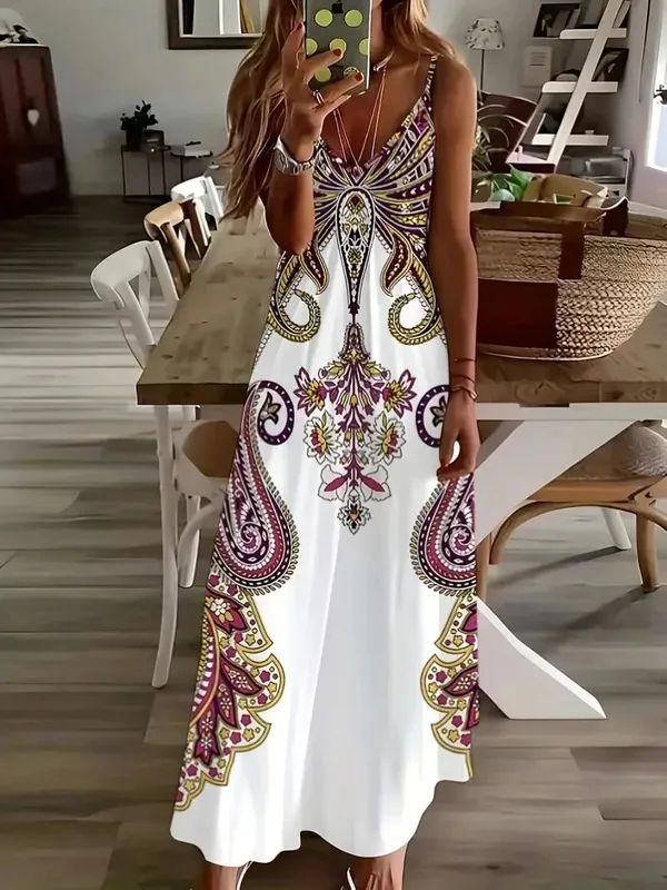 2024 Cross border New Flower Printed V-neck Strap Dress with Exotic Bohemian Vacation Style Elegant Long Style — image 5