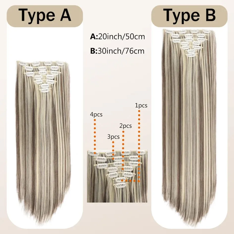 Synthetic 7 pieces/set 20inch/30inch straight hair extensions hair clips female hair accessories extended extensions — image 12