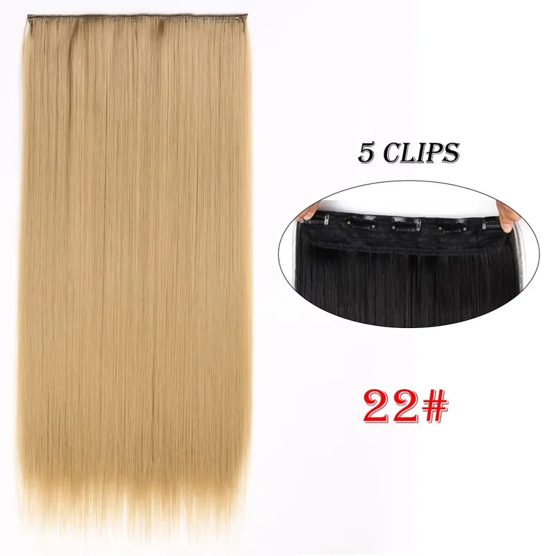 One Piece Clip In Hair Extensions 24" Straight Thick Synthetic Clip In Hairpieces Highlights Black Brown Soft For Women Daily