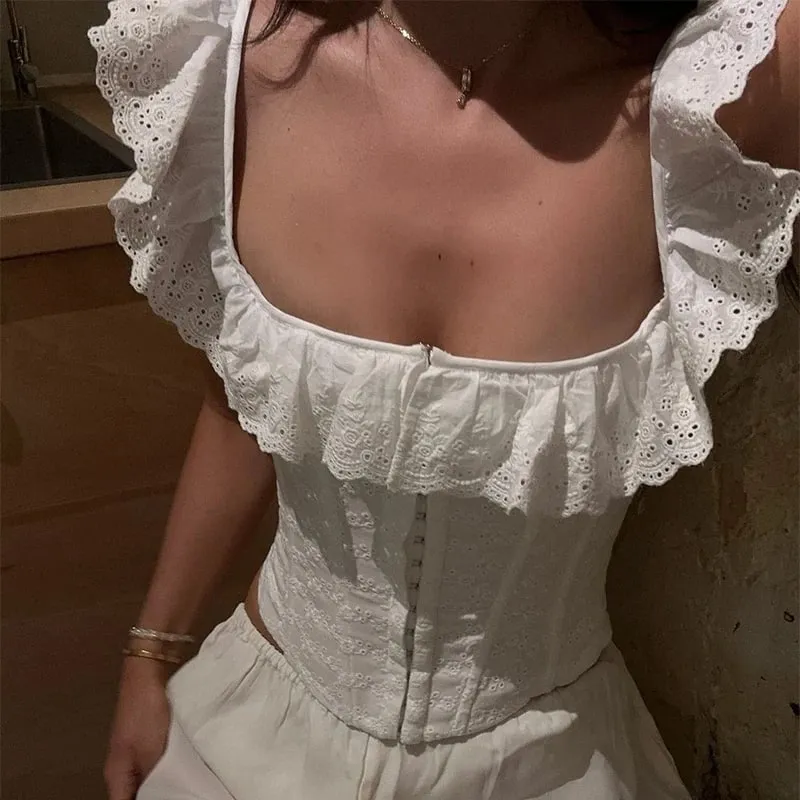 White Lace Ruffle Corset Short Vest For Women Elegant Backless Off Shoulder Cropped Shirts Female Summer Party Club Tops — image 2
