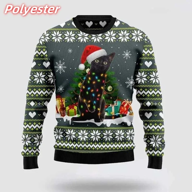 Felpa con cappuccio da uomo con fiocco di neve con gatto stampato in 3D Felpa con motivo regalo di Natale Pullover casual a maniche lunghe con cappuccio girocollo